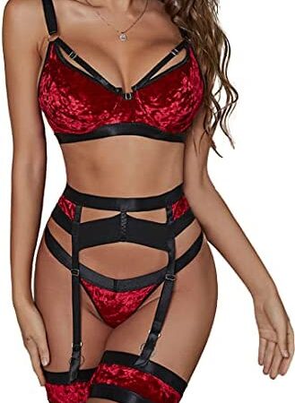popiv Sexy Lingerie Set for Women 4 Piece Bra and Panty Set with Garter Belt Strappy Lingerie Set with Thigh Cuffs