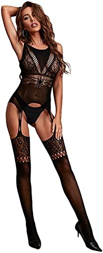 Bommi Fairy Women's Lace Mesh Lingerie Mini Dress Badydoll Fishnet Lingerie Tights Suspenders Striped Hollow-Out Lingerie One Size