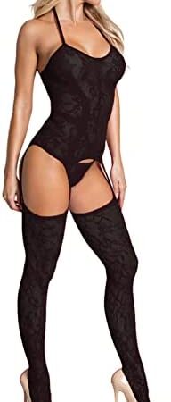 CheChury Stockings and Suspenders Set Body Stocking Fishnet Chemise Nightwear for Women Lace Garter Lingerie Set Without Thong
