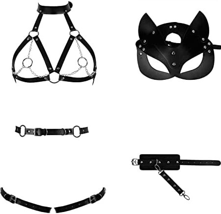 4 Pieces Women's Leather Body Harness Lingerie Set Fox Mask Garter Belt Wrist Lock Hollow Out Halloween Rave