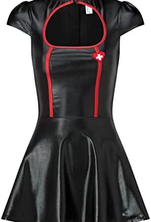 Ann Summers - Naughty Nurse Outfit, Black PU Mini Dress, Women's Nurse Fancy Dress, Sexy Adult Halloween Costume, Doctors & Nurse Roleplay - Black/Red