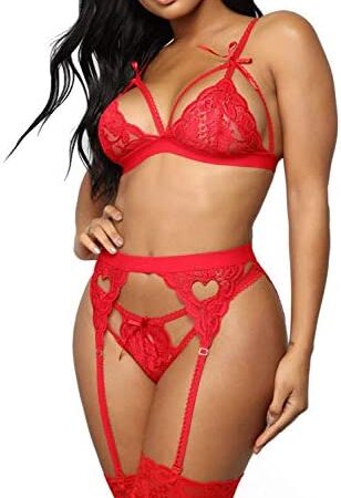 EVELIFE Women Lace Lingerie Set with Garter Belt 3 Pieces, Sexy Lace Bra and Panties Set Strappy Teddy Babydoll Nightwear