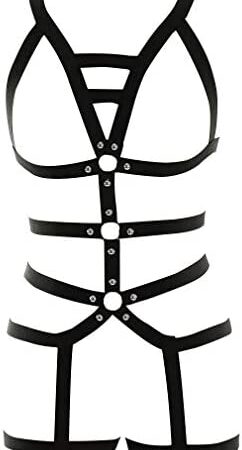 PETMHS Women's Punk Strap Hollow Out Body Chest Harness Lingerie Garter Belts Set Goth Halloween Rave Wear