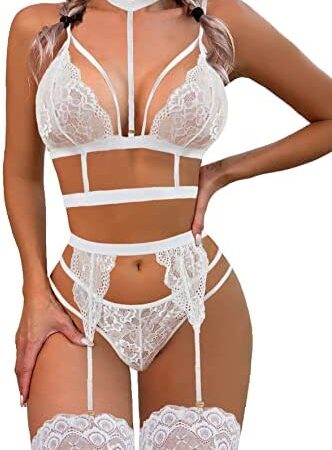 wearella Lace Garter Lingerie Set with Removable Choker Teddy Babydoll Strappy Bra and Panty Set (No Stockings),White,L
