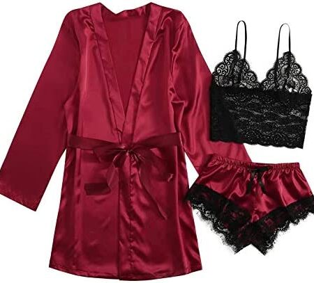 AMhomely Pyjama Set Women Girls Ladies Nightwear Silk Satin Pajamas Sleepwear Stain Lace Floral Nighties 3Pcs Robe Dressing Gown Nightdress with Chest Pad Sexy Lingerie Lace Babydoll Set
