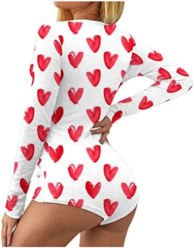 AMhomely UK Stock Sale Women’s Valentine's Day Not Positioned Print V-neck Long Sleeve Sexy Bodysuit Sexy Lingerie Pajamas Romper Ladies Comfort Sleepwear Nightwear Gift for Her, Girls
