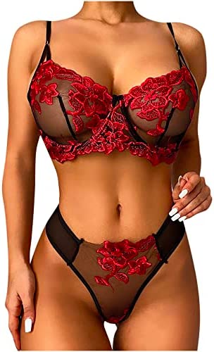 AMhomely Womens Sexy Lingerie Set Lace Rose Embroidered Sheer Underwear Naughty See Through Nightwear Teddy Babydoll Outfits Female Valentines Lingerie Chemises UK