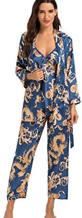 Escalier Women's Silk Satin Pajamas Set 3 Pcs Floral Silky Pj Sets Sleepwear Cami Nightwear with Robe and Pant