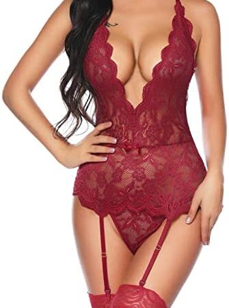 HOTSO Women Sexy Garter Lingerie Set Lace Bodysuit Teddy Underwear Suspenders V Neck Backless Strap Babydoll with Panty (NO Stockings)