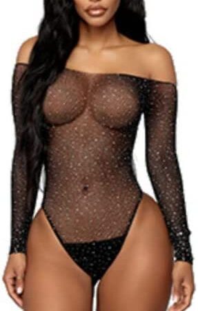JFAN Womens Sexy Lingerie Sparkle Glitter Rhinestones Fishnet Teddy Nightdress Sheer Mesh Bodysuit