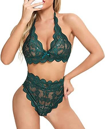 NINALUNA Women Sexy Erotic Lingerie Outfits Crochet Sheer Lace Bra and Strappy Panty Pajamas Underwear