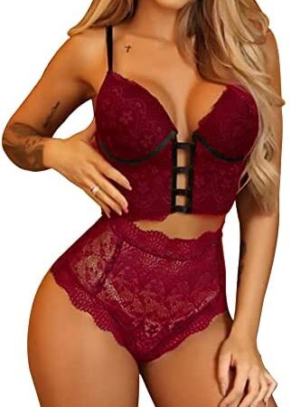 Sexy Lingerie Sets for Naughty Women,2 Piece Lace Floral Bra and Panty,See-through Push-up Underwear,High Waist Thong for Teddy Babydoll Pajamas Sleepwear(Black Red Green)