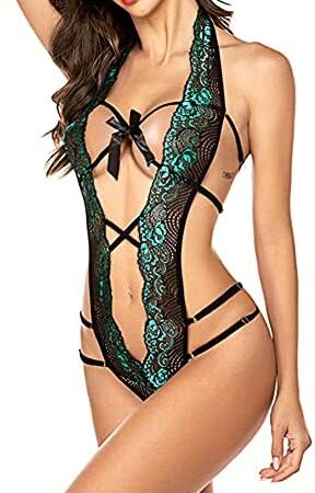 Sexy One Piece Lace Bodysuit, Women Teddy Lingerie Babydoll, Deep V Neck See Through Chemise Tops Sleeveless Naughty Underwear Halter Strappy Mesh Nightwear Outfit for Clubwear Valentine