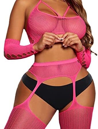 Sniff Rose Women's Fishnet Lingerie Set Mesh Cut Out Halter Top with Tights and 1pair Gloves 4pack Set (Hot Pink)