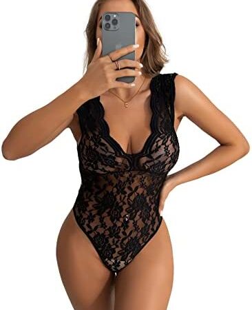 ohyeahlady Women's Bodysuits Stretch Lace Teddy Lingerie Sexy V Neck Body Suits Ladies Top,UK 8-22